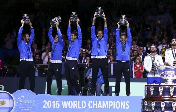 Tennis - Croatia v Argentina - Davis Cup Final - Arena Zagreb, Croatia - 27/11/16 Argentina's team reacts during the victory ceremony.      REUTERS/Antonio Bronic