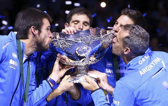 Tennis - Croatia v Argentina - Davis Cup Final - Arena Zagreb, Croatia - 27/11/16 Argentina's Leonardo Mayer, Guido Pella, Federico Delbonis, Juan Martin del Potro and Daniel Orsanic react during the victory ceremony.      REUTERS/Antonio Bronic