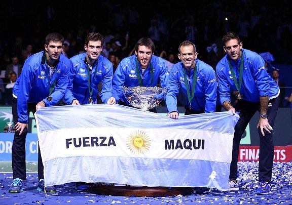 Tennis - Croatia v Argentina - Davis Cup Final - Arena Zagreb, Croatia - 27/11/16 Argentina's Leonardo Mayer, Guido Pella, Federico Delbonis, Juan Martin del Potro and Daniel Orsanic react during the victory ceremony.      REUTERS/Antonio Bronic