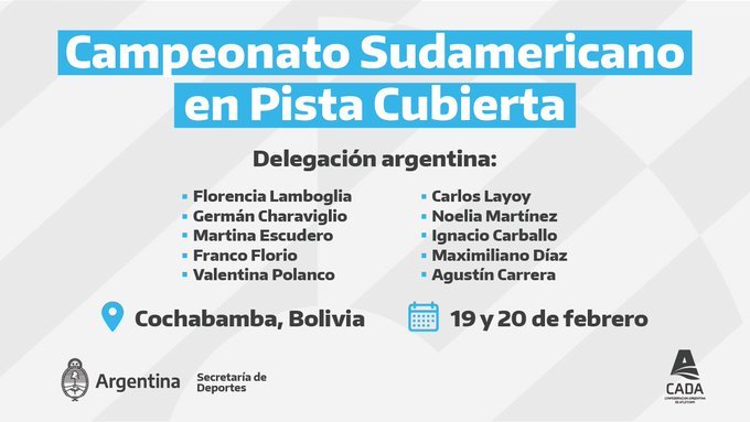 Atletismo: DELEGACIÓN ARGENTINA PARA EL SUDAMERICANO INDOOR EN COCHABAMBA