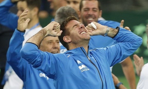 Argentina's Juan Martin Del Potro celebrates with team mates after Federico Delbonis defeated Croatia's Ivo Karlovic in their Davis Cup finals tennis singles match in Zagreb, Croatia, Sunday, Nov. 27, 2016. Argentina defeated Croatia 3-2 in the Davis Cup final.(AP Photo/Darko Bandic)